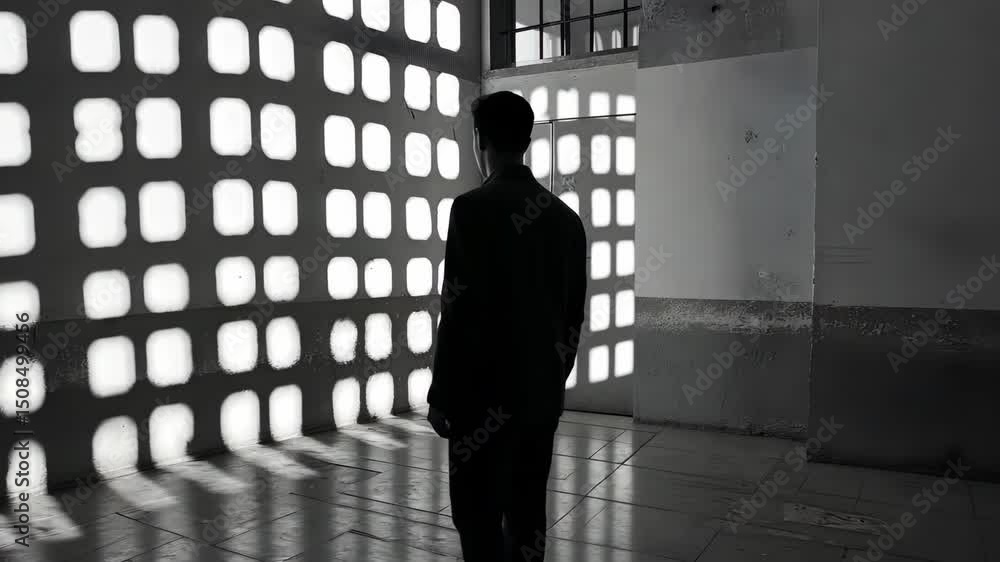 Poster exploring themes of solitude and reflection in a stark, shadowy space during early evening hours
