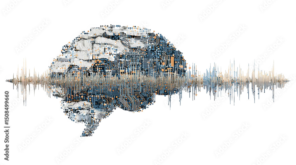Poster printed circuit board forming a brain shape, generating sound waves, on a transparent background, re