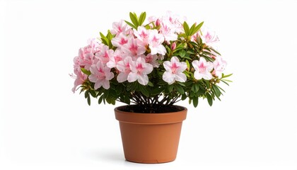 Obraz premium Azalea Blossom Pot: A lush azalea plant bursts with delicate pink blossoms, artfully arranged in a rustic brown pot.
