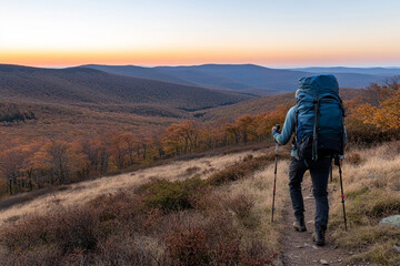 Obraz premium Hiker enjoys breathtaking sunset view from mountain ridge during afternoon trek