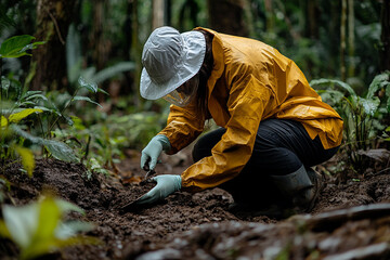 A scientist examining soil recovery in a deforested region