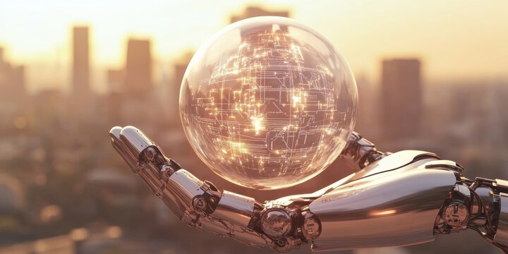 Futuristic technology concept with chrome robotic hand lifting digital globe