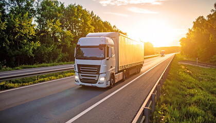 Trucking and logistics concept with a freight vehicle moving at high speed under a glowing sky, ideal for topics related to cargo shipping and transportation industry.