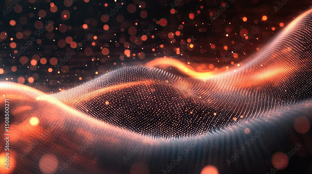 Poster abstract orange wave pattern with glowing bokeh lights in the background and foreground elements