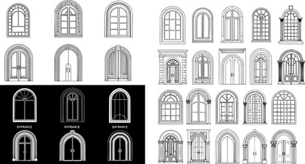 Art Deco arch window and door frames, entrance doorways, and gateways, featuring modern architectural line drawings. Ancient classical architecture with arched doors reminiscent of Medieval temples,