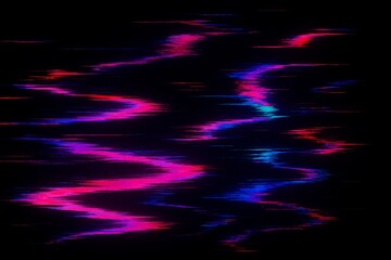 Vibrant nightlife abstraction with chromatic distortions and glitch effects, bold hues of violet, pink, and cyan over black, edgy modern aesthetic