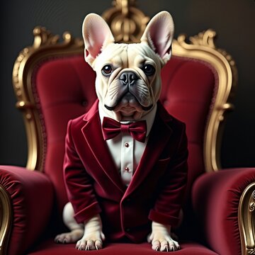 French Bulldog in Velvet Tuxedo on Throne with Dramatic Lighting | french bulldog puppy