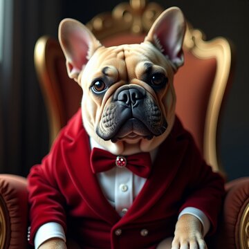 French Bulldog in Velvet Tuxedo on Throne with Dramatic Lighting | french bulldog wearing a red dress | 4k