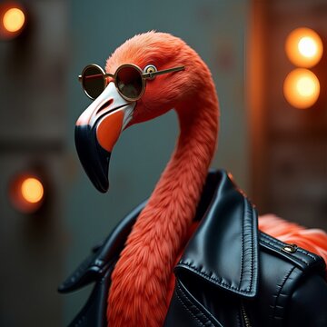  Flamingo in Leather Jacket with Gold Sunglasses at Fashion Event | close up of a pink flamingo