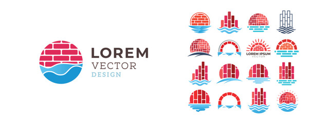 Unique brick wall sea sun vector design bundle