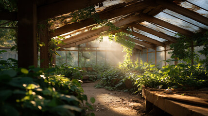 Fototapeta premium Inside dusty greenhouse filled with wild overgrowth,sunbeams through cracked roof, peaceful decay