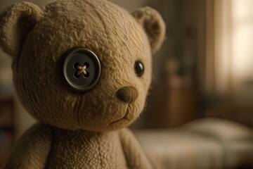Button-eyed Teddy Bear Close-up | teddy bear on a chair wooden background