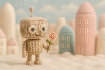 Yarn Robot Holding Crocheted Flower in a Soft Fabric Cityscape | toy house 