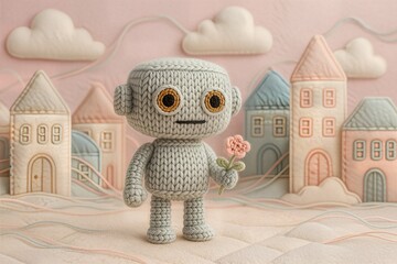 Yarn Robot Holding Crocheted Flower in a Soft Fabric Cityscape | toy house 