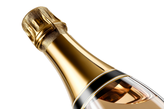 Elegant champagne bottle with golden foil and transparent background