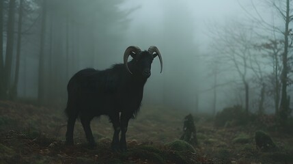 A majestic black goat standing alone in a misty forest clearing