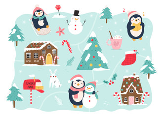 Cute Christmas Village Vector Illustration with Penguin, Festive Trees, Ginger Bread and Holiday Elements.