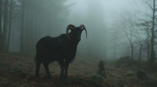 A majestic black goat standing alone in a misty forest clearing