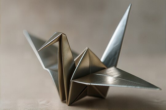 Metallic Origami Crane with Sharp Folds and Soft Reflections