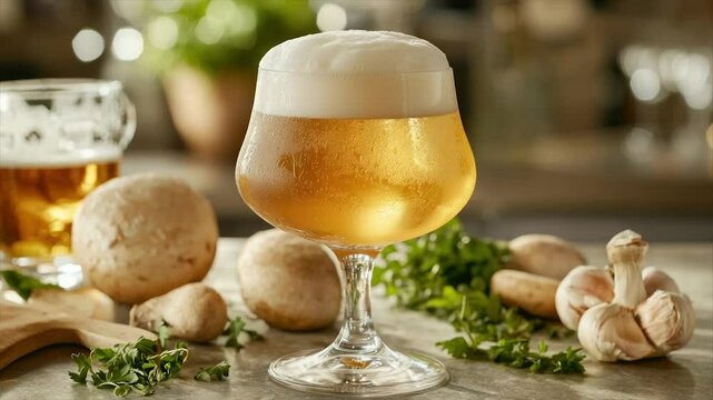 Golden beer with mushroom and garlic accents