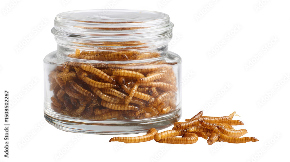 Poster numerous dried mealworms are stored in a small transparent glass jar, some of them poured out on a t