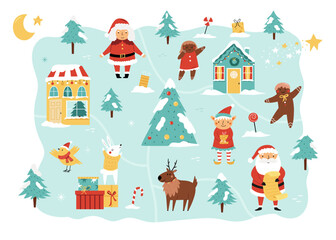 Cute Christmas Village Vector Illustration with Santa Characters, Winter Animals, Festive Trees and Holiday Elements.