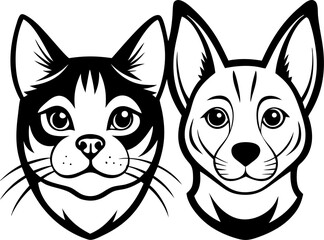 Cat and dog head stock illustration illustration  line vector vector icon , black and white , white background  