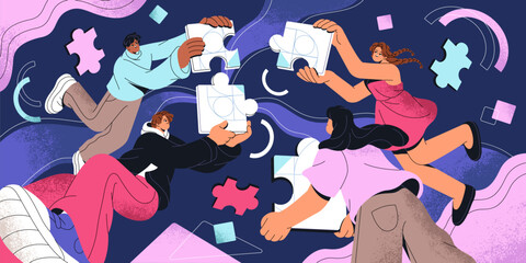Fototapeta na wymiar Concept of teamwork and partnership. Group of colleagues is coworking. Employees work together. Communication and development in team. People put puzzle, share business ideas. Flat vector illustration