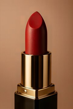 Ultra-Realistic Close-Up of Luxury Red Lipstick with Metallic Casing | red lipstick on a plain background