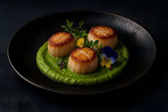Gourmet Seared Scallops with Pea Pur&eacute;e and Edible Flowers on Black Plate