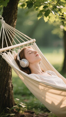 Intentional rest scene showing young woman in forest hammock with eyes closed, off-grid and reconnecting with the moment