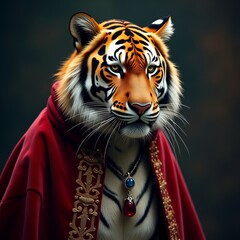 Bengal Tiger in Velvet Cloak and Sapphire Pendant under Spotlight | tiger on black background | 4k