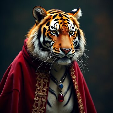 Bengal Tiger in Velvet Cloak and Sapphire Pendant under Spotlight | tiger on black background | 4k