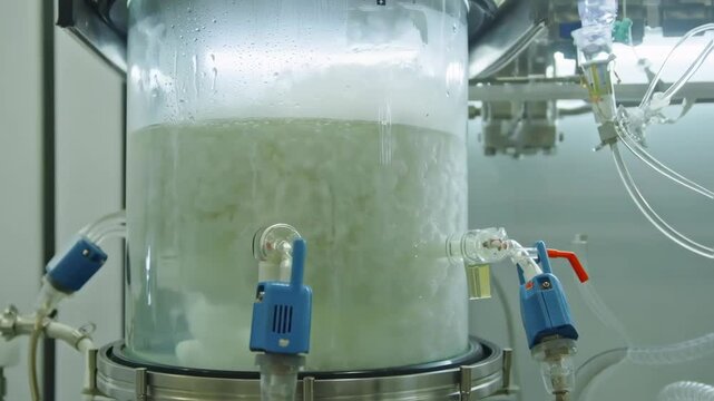 Industrial fermentation process in action: closeup of bioreactor mixing fluids
