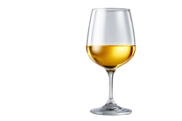 Elegant wine glass filled with golden liquid on transparent background