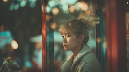 Obraz premium Young Girl Contemplating in Front of a Small Mirror with Soft, Dreamy Reflections in an Urban Setting