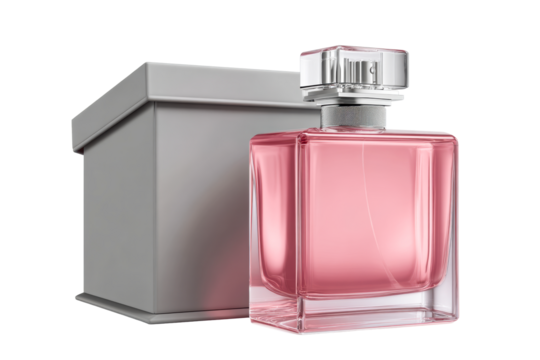 Elegant pink perfume bottle with silver box on transparent background