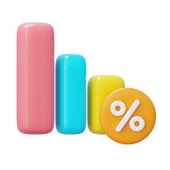 Colorful 3d falling chart with a bright yellow percent symbol