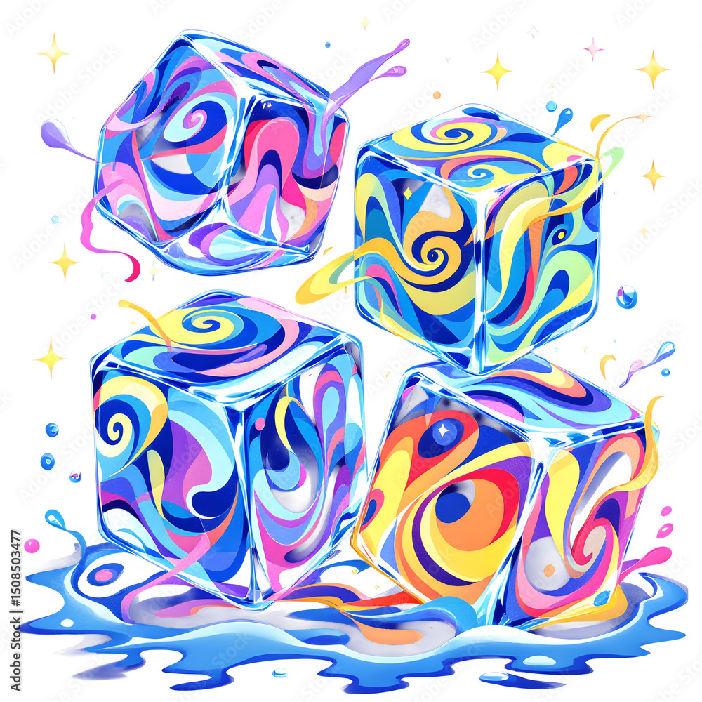 Poster Four colorful ice cubes with swirling patterns floating above a pool of water on black background isolated with white background