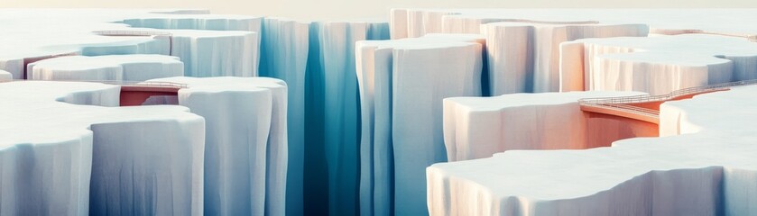 Abstract Ice Cliffscape with Walkways Minimalist Landscape, Modern Art ,Iceberg