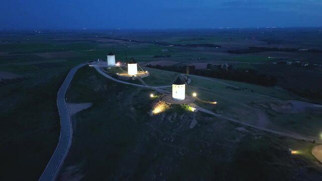 Aerial view of the windmills of Alc&aacute;zar de San Juan, Ciudad Real, Castilla-La Mancha, Spain	