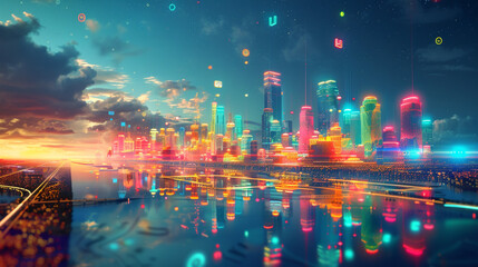 A psychedelic vision of a startup ecosystem, winding rivers of innovation, colorful cities of creativity, sky filled with floating logos and dreams.