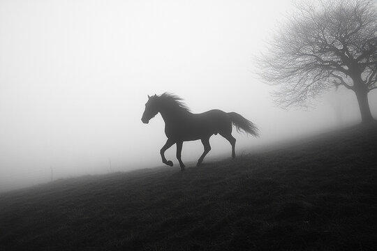 A ghostly horse galloping through the mist silhouette