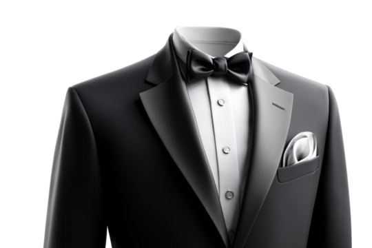 Elegant black tuxedo with bow tie on transparent background