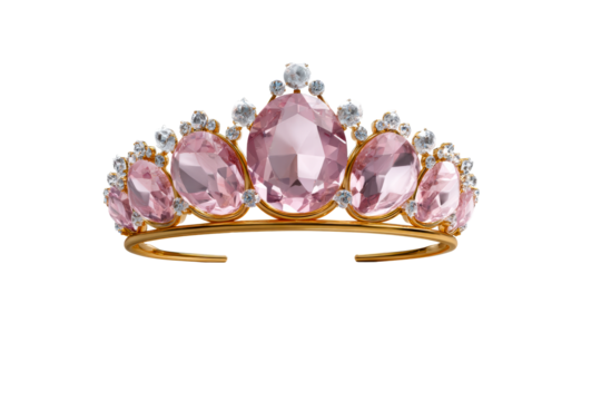 Elegant golden tiara with pink gems on transparent background