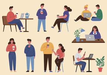 Vibrant illustration showcases a variety of people of different ages and ethnicities relaxing in a cafe environment.