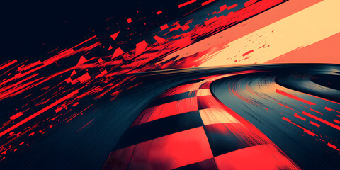 Flat vector style racing poster with dark red and charcoal abstract speed stripes at 45 degree angle,
