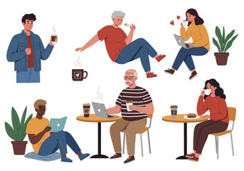 Vibrant illustration showcases a variety of people of different ages and ethnicities relaxing in a cafe environment.