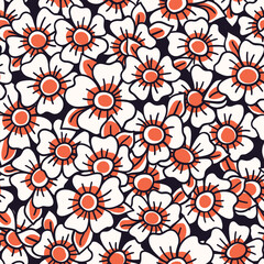 Seamless floral pattern, liberty ditsy print in retro motif. Cute botanical design with simple line art plants. Small hand drawn daisy flowers, tiny leaves abstract on dark field. Vector illustration.