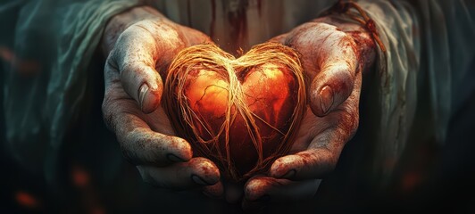 A surreal image of Jesus hands holding a broken heart